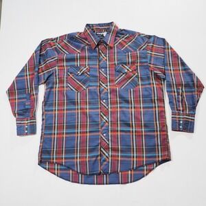 Wrangler Shirt Mens 17.5x34 Blue Red Plaid Cowboy Cut Western Snap X Long Tails